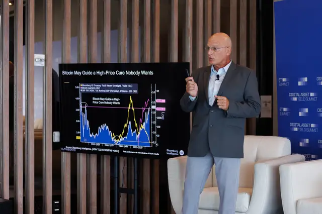 A speaker presenting a bitcoin market chart on stage